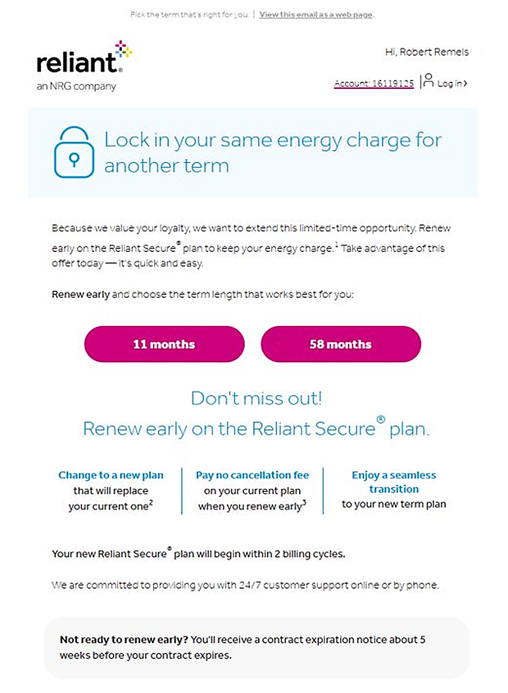 Reliant renewal email with term length options